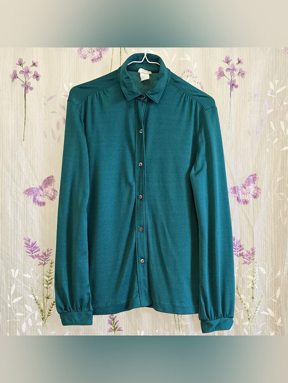 1980s Vintage Shirt 80s Button Down Vera Neumann Blouse Blue Green Medium Large